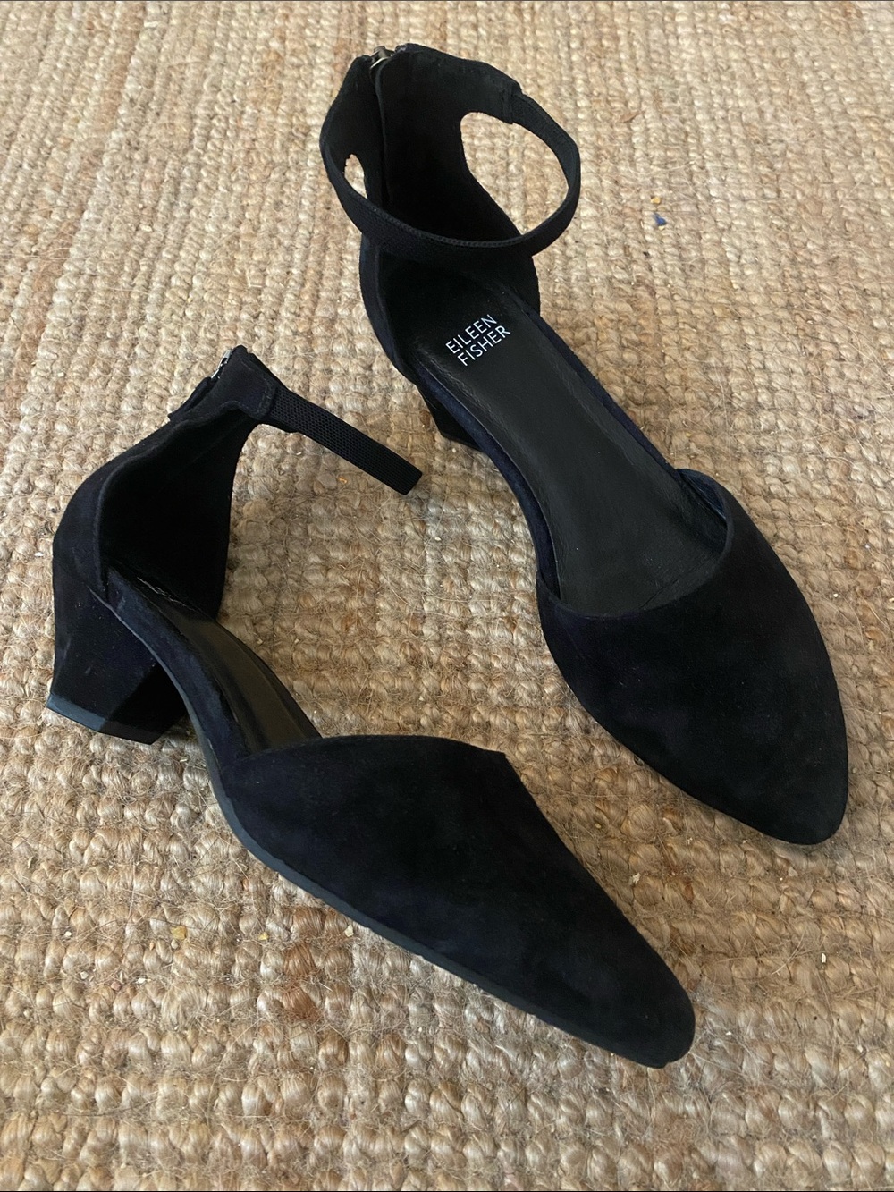 Eileen Fisher Ivie Ankle Strap Pump in Black Suede Low Heel 8.5